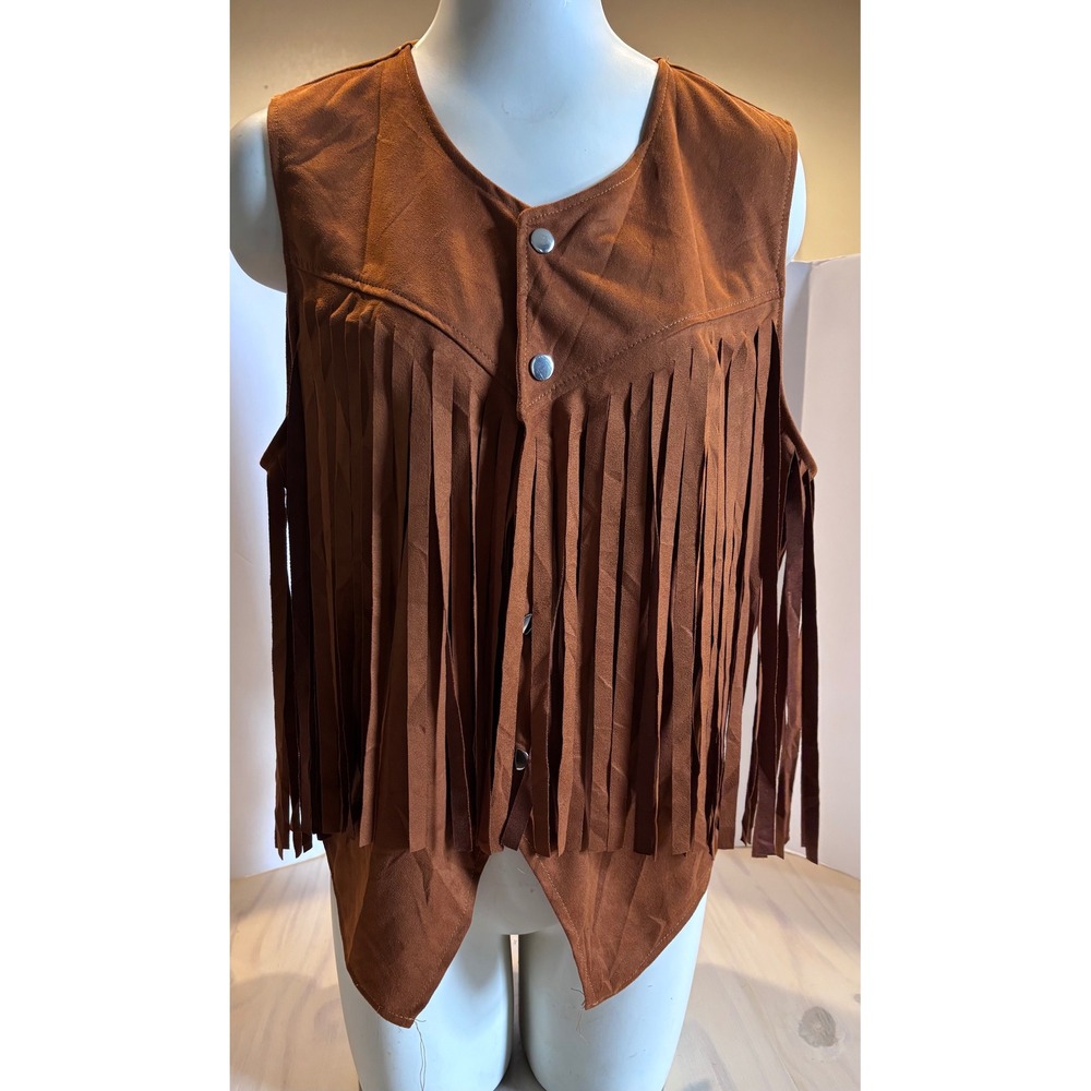 Western Brown Faux Suede Fringe Vest XL Snap Front Cowgirl Costume Festival Wear